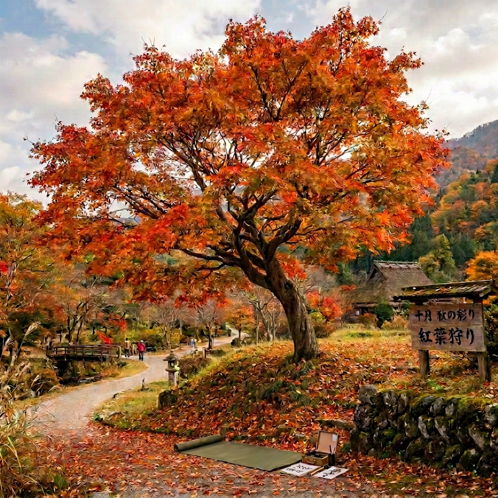 Japanese garden with vivid autumn maple tree, path, bridge, mountain, and signs reading「十月 秋の彩り」「紅葉狩り」